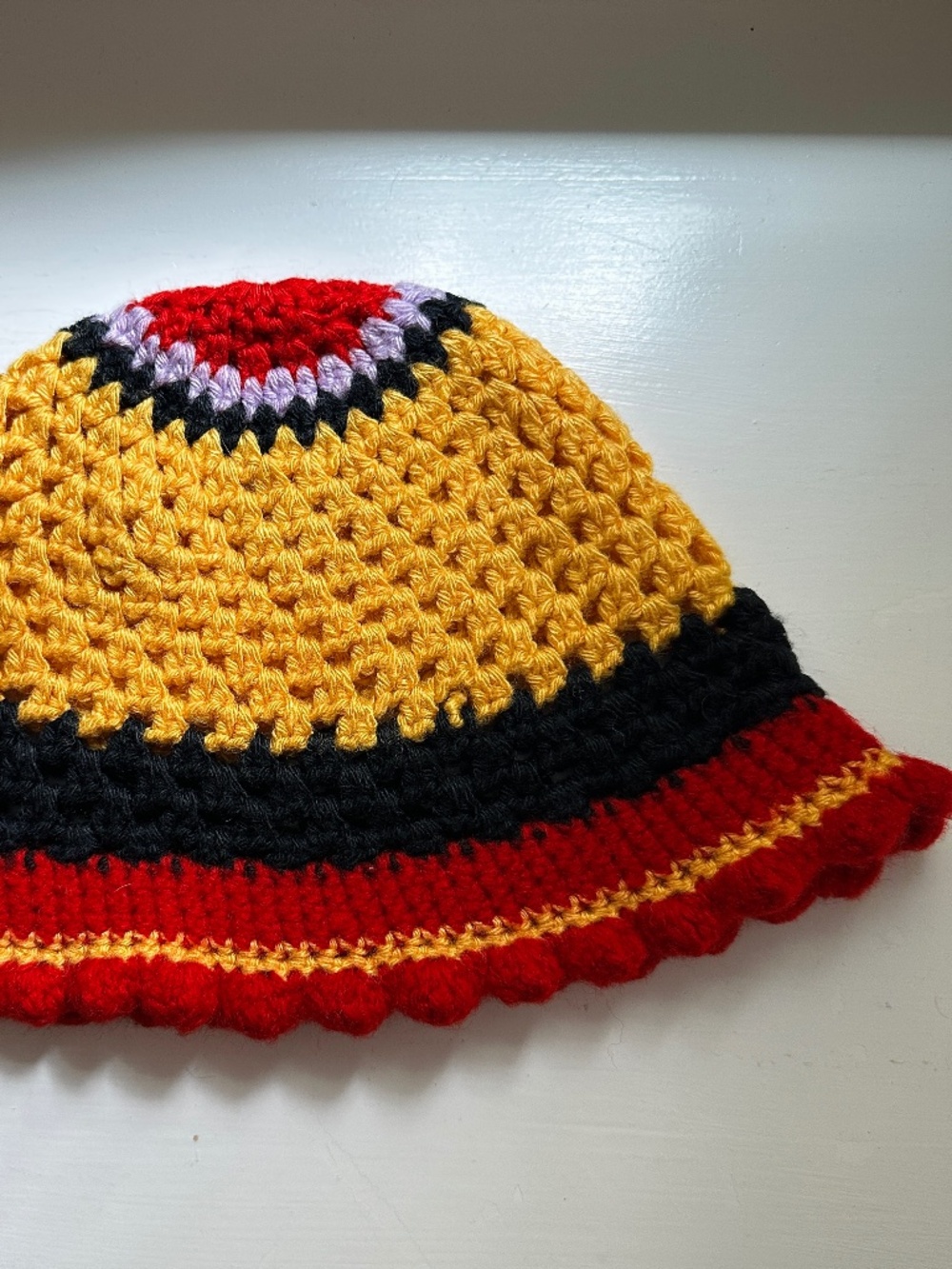 Like New Vintage 70s Handmade Knit Beanie Yellow Red Stripe